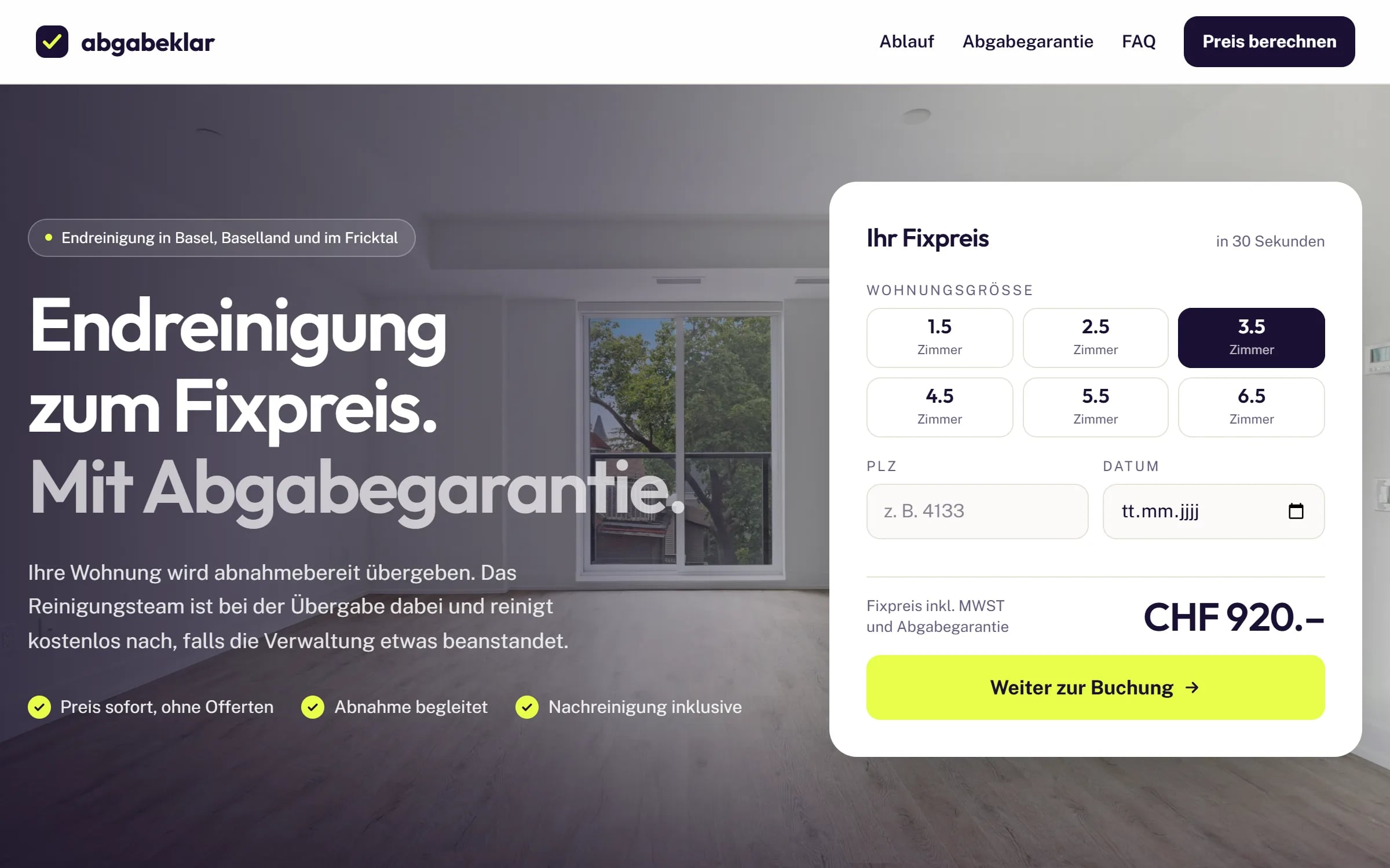 abgabeklar.ch, Startseite mit Fixpreis-Rechner