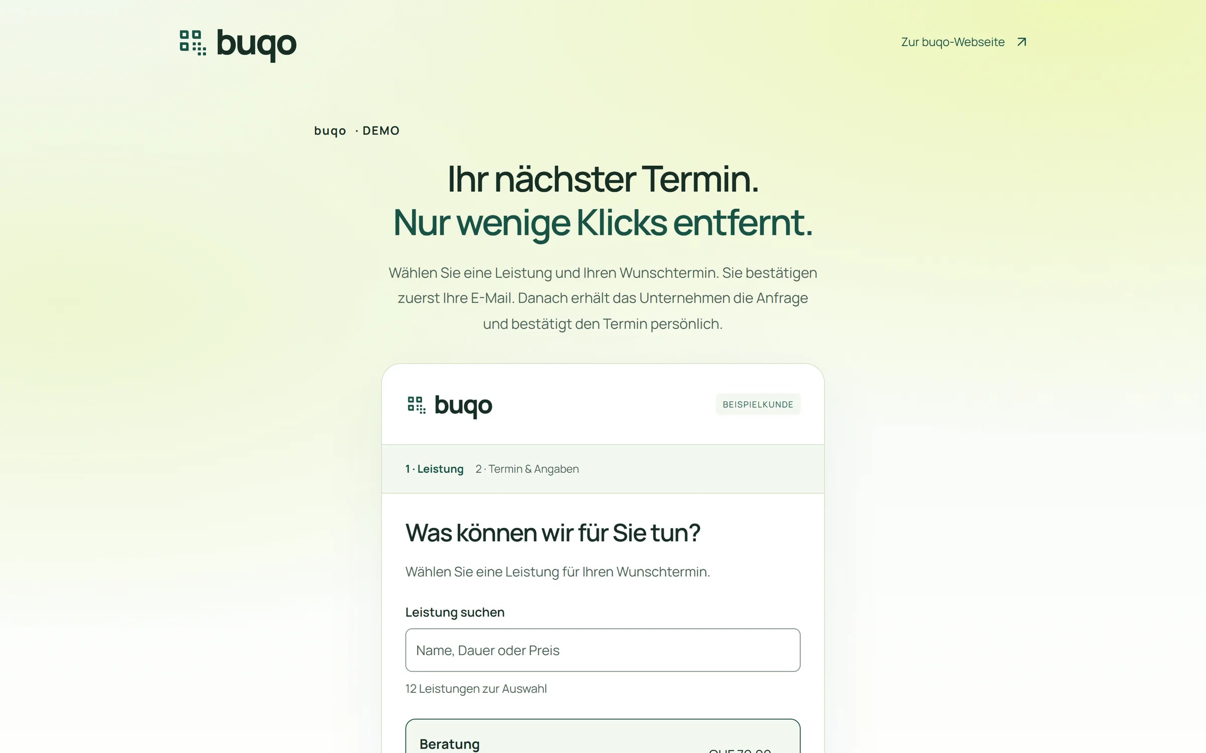 buqo: Demo-Buchungsseite mit Leistungsauswahl