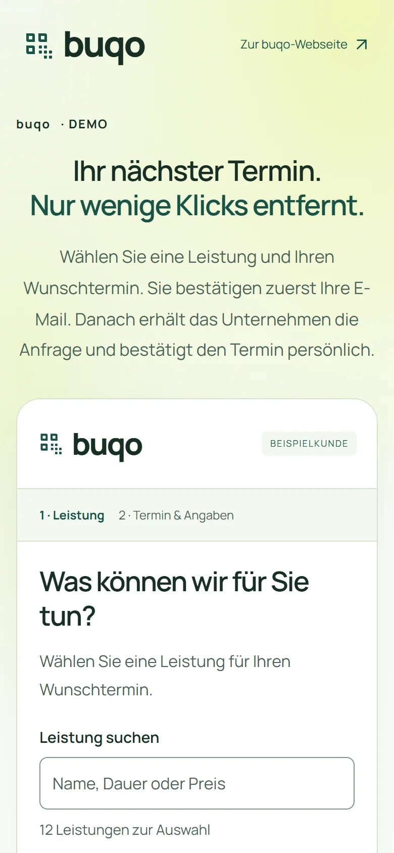 buqo-Buchungsseite auf dem Smartphone