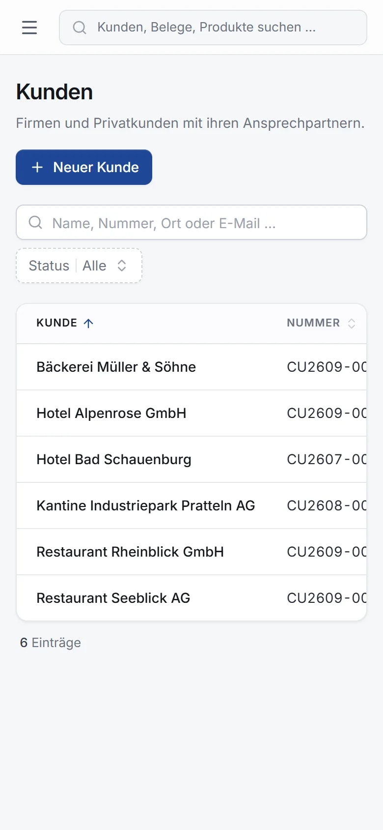 ERPX-Kundenliste auf dem Smartphone