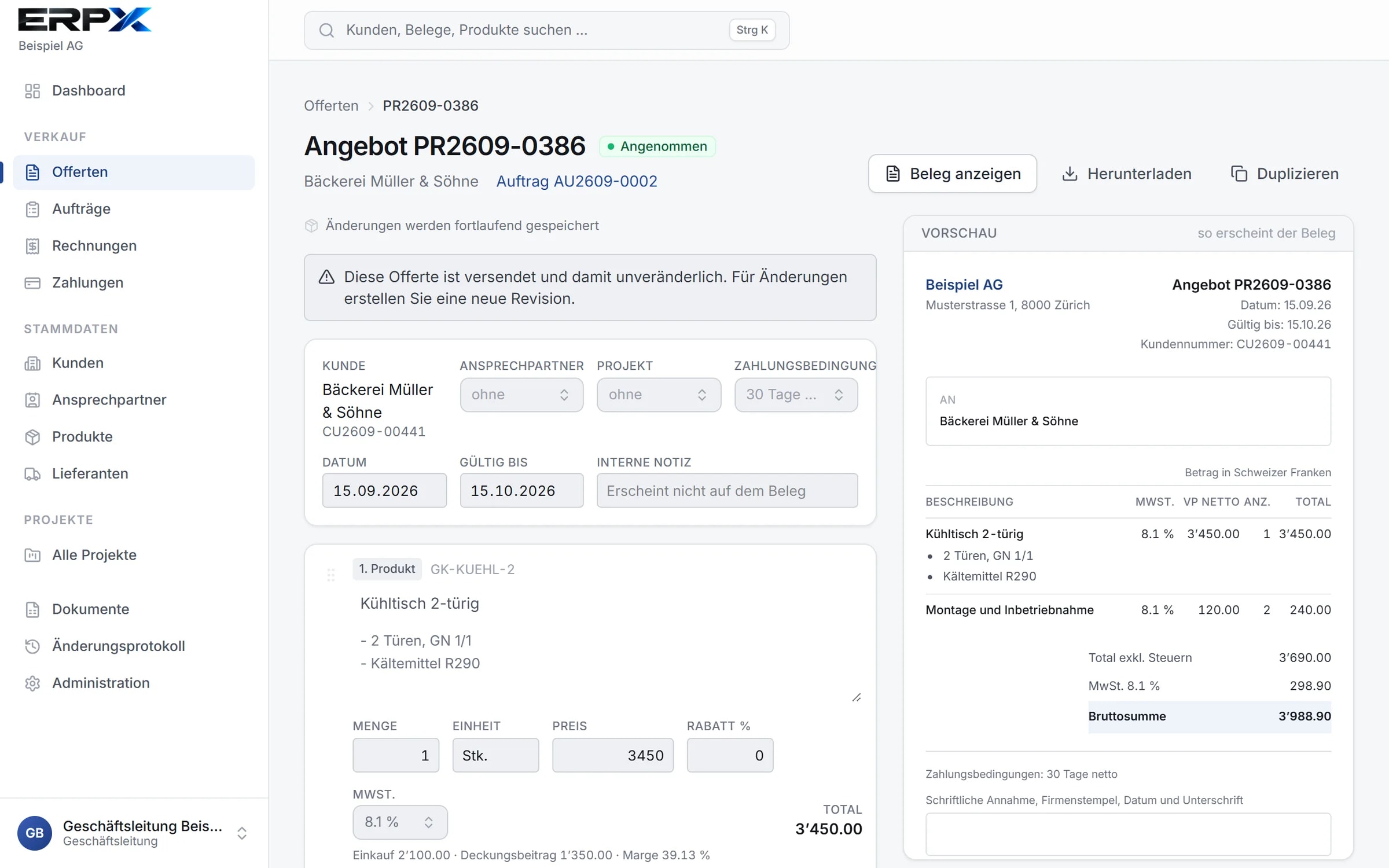 ERPX: Offerten-Editor mit Belegvorschau