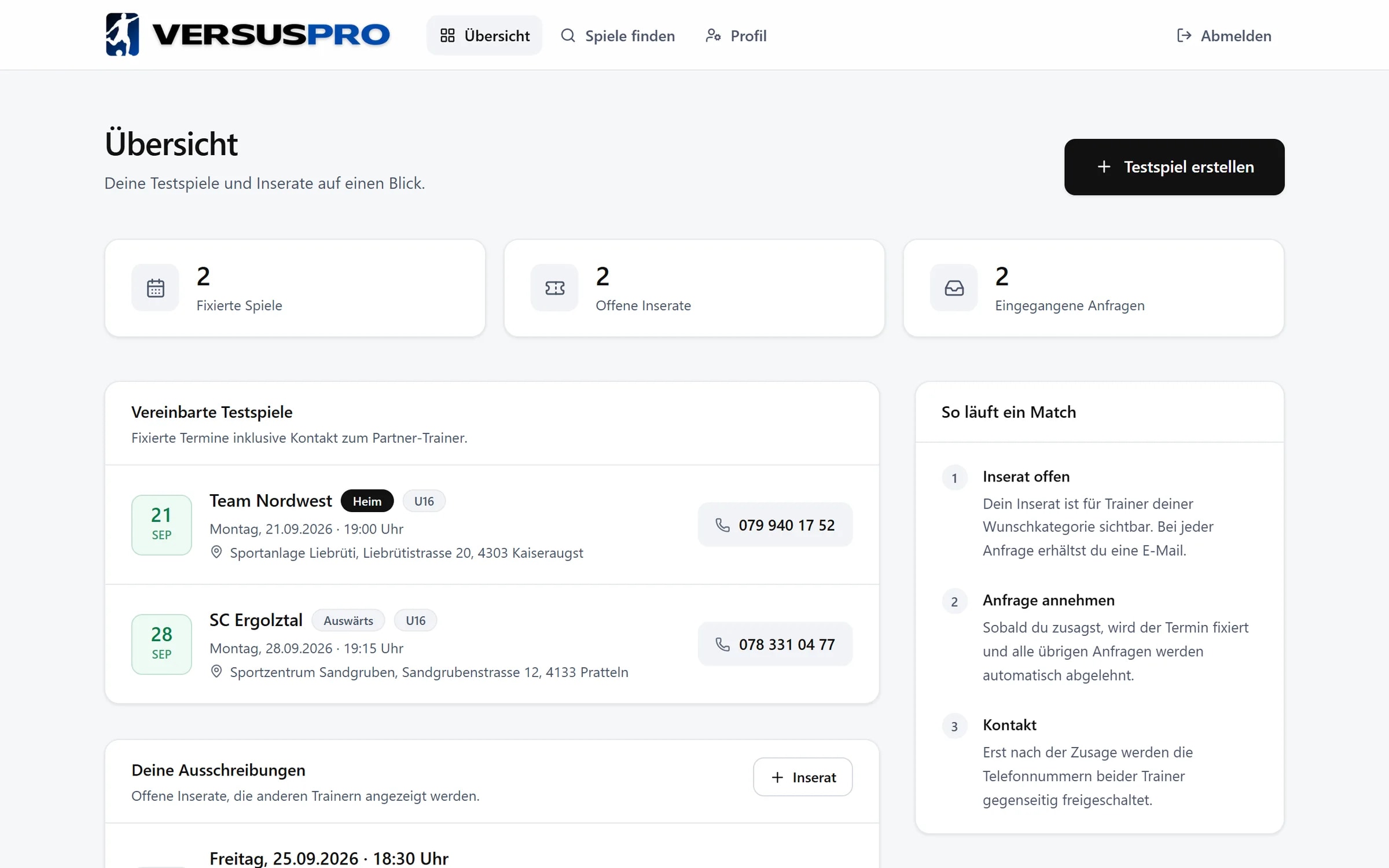 VersusPRO-Dashboard mit fixierten Spielen, offenen Inseraten und Anfragen