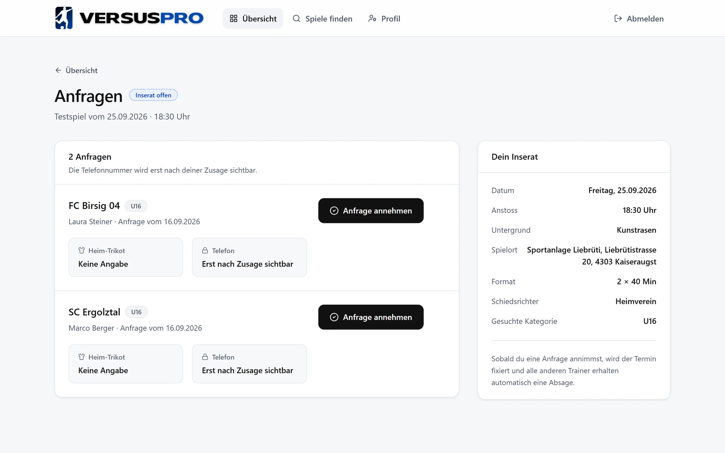 VersusPRO: Inserat mit Anfragen